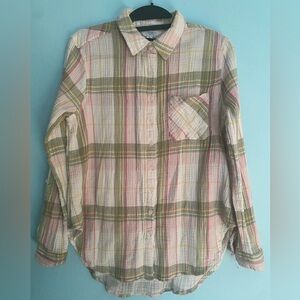 Time And Tru Blouse Green Pink Plaid Size S Long Sleeve 1994